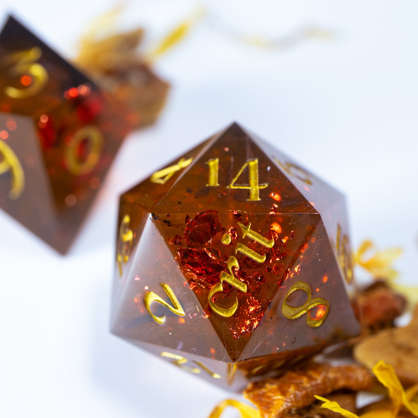 A close-up of a reddish twenty sided die. Behind it lies a ten sided die, among a scattering of decorative leaves.